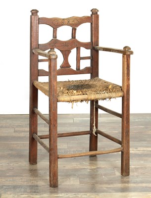 Lot 1647 - A LATE 19TH CENTURY ARTS AND CRAFTS RUSH SEAT CHAIR