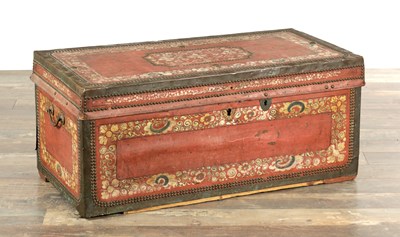 Lot 466 - A 19TH CENTURY BRASS MOUNTED, LEATHER AND CAMPHOR WOOD CHINESE EXPORT TRAVELLING TRUNK