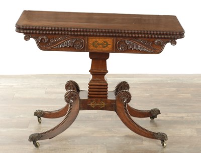 Lot 1551 - A GOOD REGENCY FLAMED MAHOGANY AND BRASS INLAID CARD TABLE IN THE MANNER OF TROTTER OF EDINBURGH