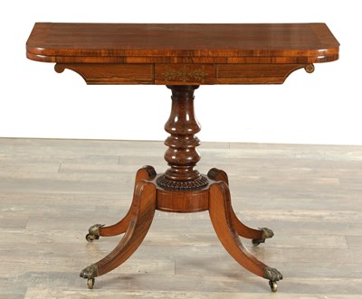 Lot 1589 - A REGENCY FIGURED ROSEWOOD AND BRASS INLAID CARD TABLE