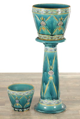 Lot 53 - A GOOD MINTON ART NOUVEAU MAJOLICA JARDINERE ON STAND TOGETHER WITH A SMALLER JARDINERE