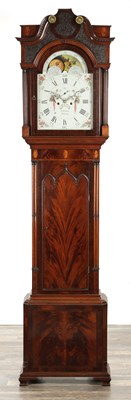Lot 1435 - S COLLIER, ECCLES. A FINE GEORGE III FLAMED MAHOGANY EIGHT-DAY PAINTED DIAL MOON ROLLER LONGCASE CLOCK
