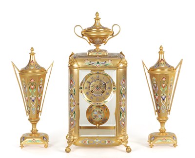 Lot 1265 - A FINE FRENCH GILT BRASS AND CHAMPLEVE ENAMELLED FOUR-GLASS MANTEL CLOCK GARNITURE RETAILED BY WILLIAM BATTY AND SON, MANCHESTER
