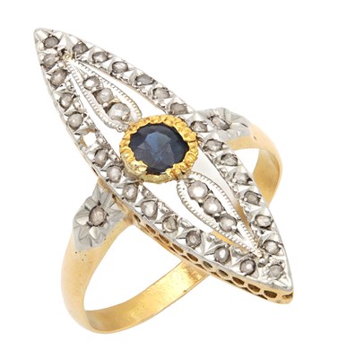 Lot 219 - AN 18CT GOLD FRENCH MARQUISE DIAMOND AND SAPPHIRE RING
