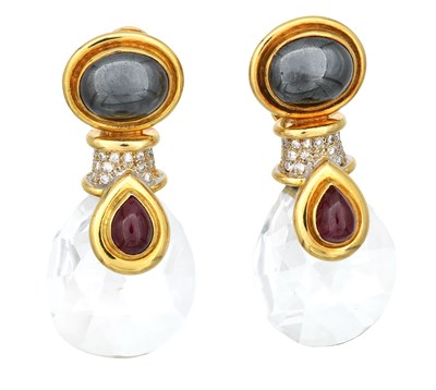 Lot 313 - A PAIR OF LATE 20TH CENTURY 18CT GOLD, HEMATITE, ROCK CRYSTAL, DIAMOND AND RUBY EARRINGS BY ASPREY
