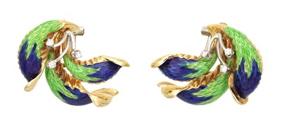 Lot 316 - A PAIR OF MID 20TH CENTURY 18CT GOLD, ENAMEL AND DIAMOND EARRINGS