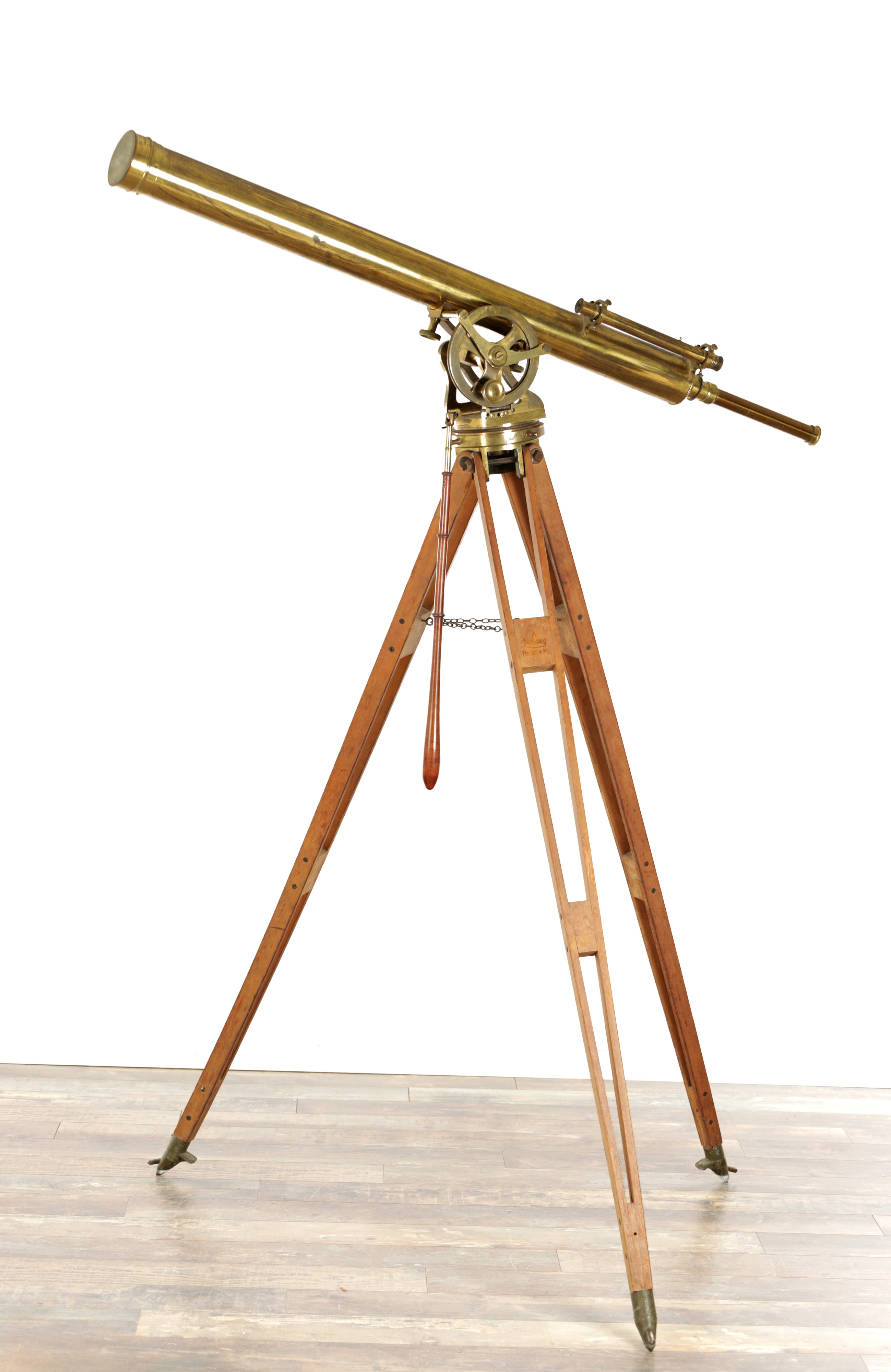 Nineteenth-century lacquered brass Askania telescope on a timber tripod sold by Hutchinson Scott