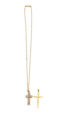 Lot 360 - A 20TH CENTURY 9CT GOLD AND PEARL CROSS PENDANT, TOGETHER WITH A 9CT GOLD CRUCIFIX PENDANT