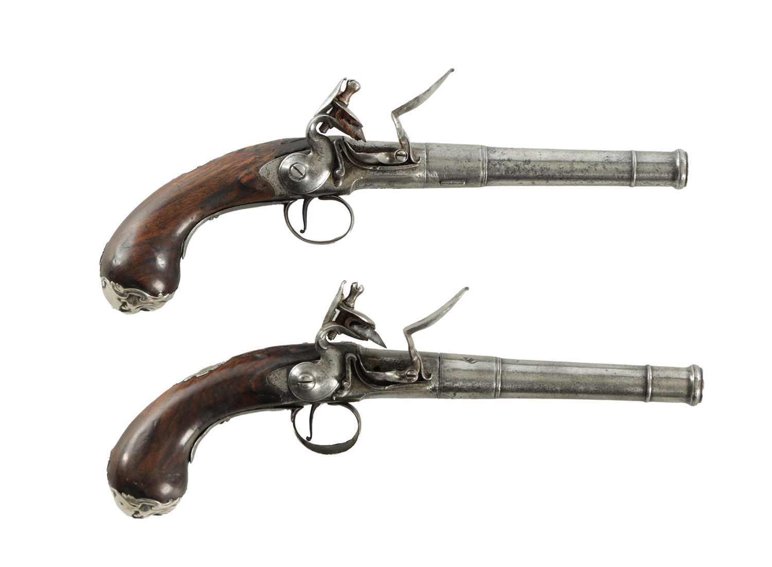 Lot 625 - WILSON, LONDON. A RARE PAIR OF 18TH CENTURY FLINTLOCK SILVER-MOUNTED 'QUEEN-ANNE' PISTOLS
