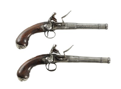Lot 625 - WILSON, LONDON. A RARE PAIR OF 18TH CENTURY FLINTLOCK SILVER-MOUNTED 'QUEEN-ANNE' PISTOLS