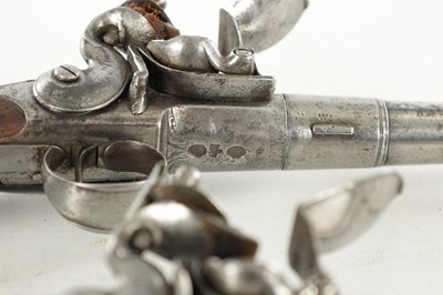 Lot 625 - WILSON, LONDON. A RARE PAIR OF 18TH CENTURY FLINTLOCK SILVER-MOUNTED 'QUEEN-ANNE' PISTOLS