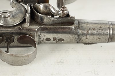Lot 625 - WILSON, LONDON. A RARE PAIR OF 18TH CENTURY FLINTLOCK SILVER-MOUNTED 'QUEEN-ANNE' PISTOLS