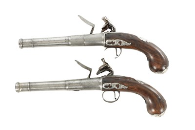 Lot 625 - WILSON, LONDON. A RARE PAIR OF 18TH CENTURY FLINTLOCK SILVER-MOUNTED 'QUEEN-ANNE' PISTOLS