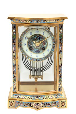 Lot 1255 - A 19TH CENTURY FRENCH CHAMPLEVE ENAMEL GILT BRASS BOW-FRONTED FOUR GLASS MANTEL CLOCK