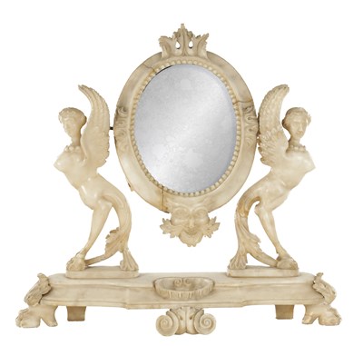 Lot 907 - A 19TH CENTURY CARVED ALABASTER REGENCY TOILET MIRROR