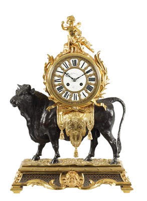 Lot 1323 - A FINE LARGE-SIZED 19TH CENTURY FRENCH GILT AND PATINATED BRONZE CLOCK IN THE FORM OF A BULL