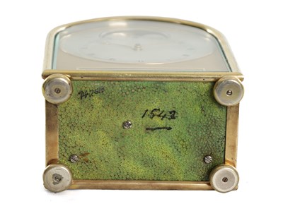Lot 1447 - JUMP, LONDON. A RARE AND FINE LATE 19TH CENTURY ENGLISH SILVER MOUNTED SHAGREEN HUMPBACK FUSEE CARRIAGE CLOCK