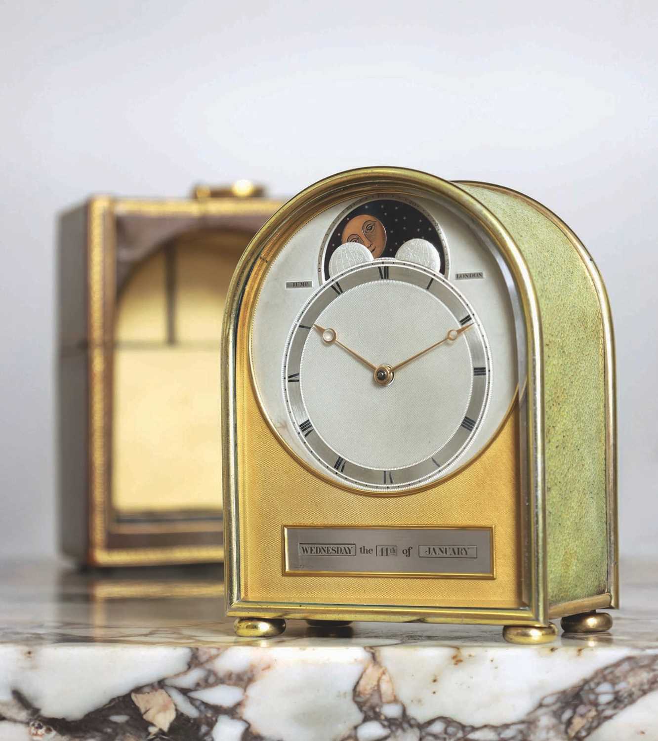 Lot 1447 - JUMP, LONDON. A RARE AND FINE LATE 19TH CENTURY ENGLISH SILVER MOUNTED SHAGREEN HUMPBACK FUSEE CARRIAGE CLOCK