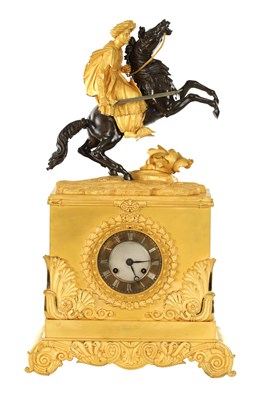 Lot 1431 - AN EARLY 19TH CENTURY FRENCH BRONZE AND ORMOLU FIGURAL MANTEL CLOCK