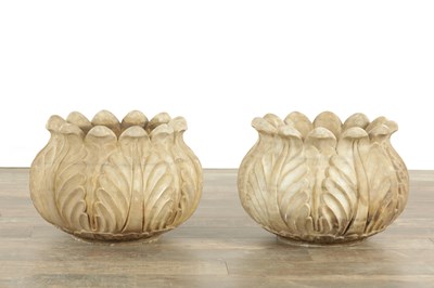 Lot 1127 - A PAIR OF REGENCY STYLE CARVED WHITE MARBLE GARDEN URNS