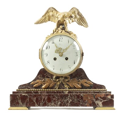 Lot 1275 - A 19TH CENTURY FRENCH ORMOLU AND VEINED MARBLE MANTEL CLOCK