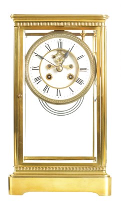 Lot 1283 - A 19TH CENTURY GILT BRASS FOUR GLASS MANTEL CLOCK
