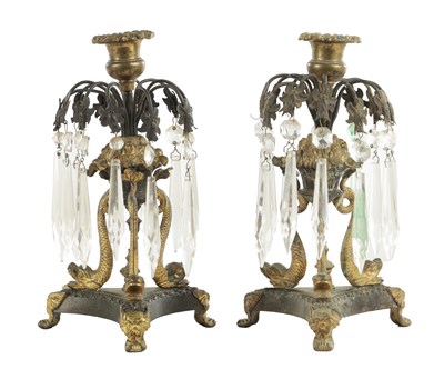 Lot 1128 - A PAIR OF LATE 19TH CENTURY ORMOLU AND PATINATED BRONZE CANDLESTICK LUSTRES