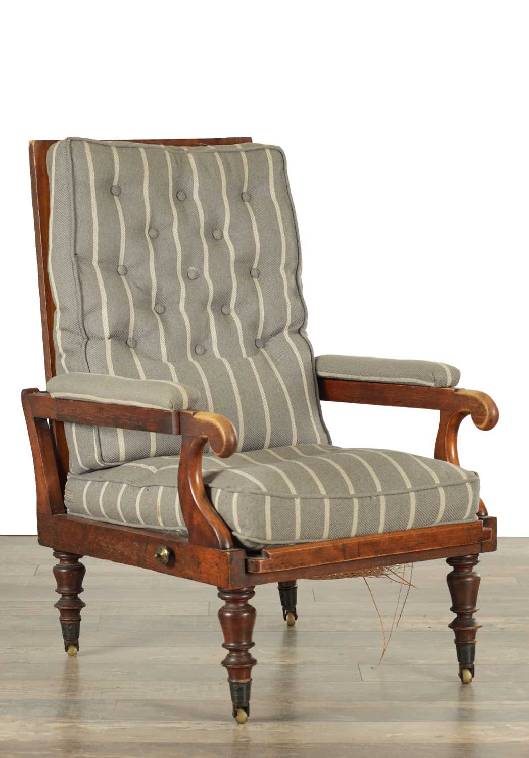 Lot 1512 - A REGENCY CAMPAIGN CAMFOR WOOD ADJUSTABLE BERGERE CHAIR