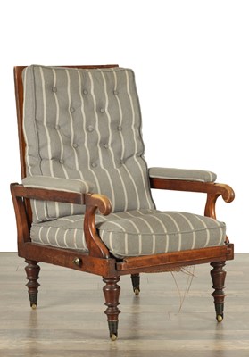 Lot 1512 - A REGENCY CAMPAIGN CAMFOR WOOD ADJUSTABLE BERGERE CHAIR