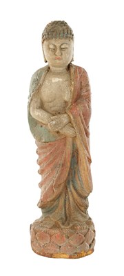 Lot 514 - A POLYCHROME PAINTED AND CARVED WOOD STANDING BUDDHA FIGURE
