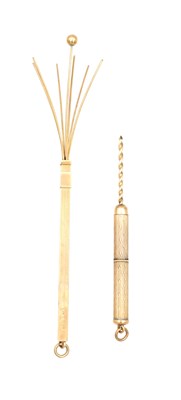 Lot 348 - A 9CT ROSE GOLD CIGAR CORER TOGETHER WITH A 9CT ROSE GOLD COCKTAIL STIRRER