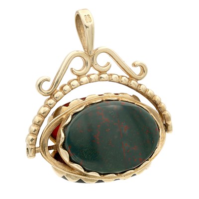 Lot 228 - A 9CT GOLD AND HARDSTONE SWIVEL MOUNTED WATCH FOB