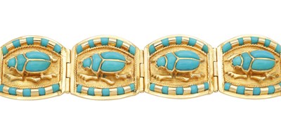 Lot 324 - AN EGYPTIAN 18CT YELLOW GOLD AND TURQUOISE SET SCARAB BEETLE BRACELET