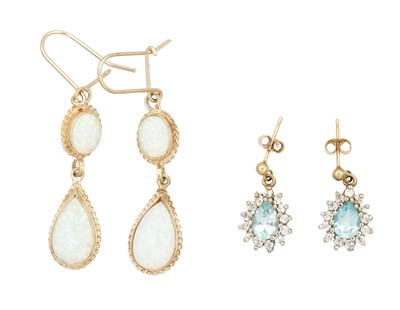 Lot 400 - A PAIR OF 9CT GOLD MOUNTED DOUBLE OPALINE PENDANT EARRINGS TOGETHER WITH A PAIR OF BLUE TOPAZ AND DIAMOND-EDGED PEAR DROP EARRINGS WITH STUD FASTENERS
