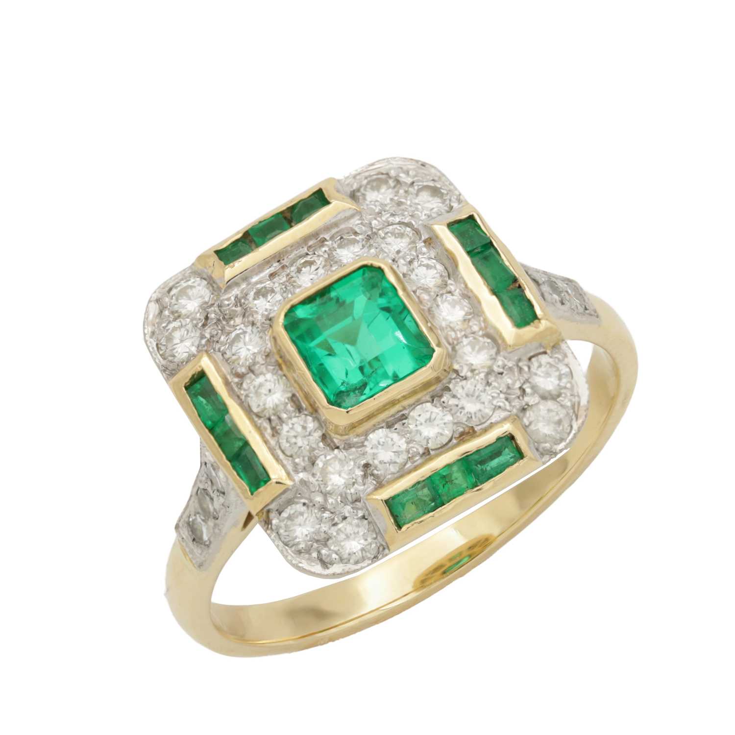Lot 311 - AN ART DECO YELLOW GOLD, EMERALD AND DIAMOND DRESS RING
