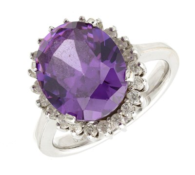 Lot 376 - AN 18CT WHITE GOLD AMETHYST AND DIAMOND DRESS RING