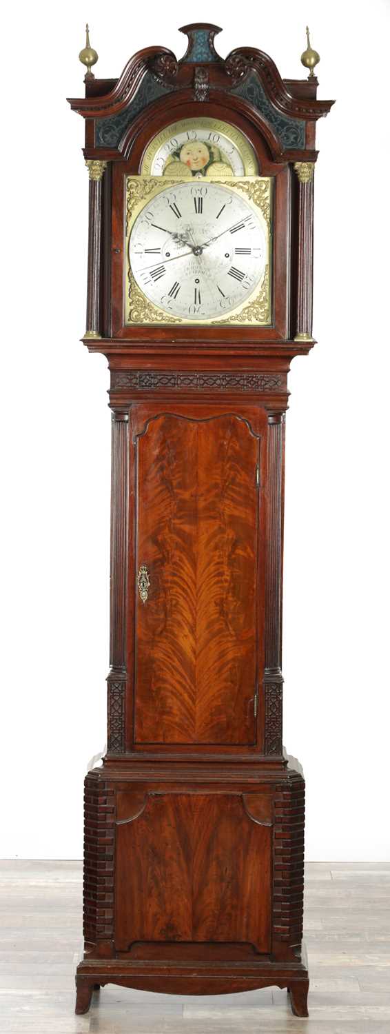 Lot 1315 - THOMAS RICHARDSON, WEVERHAM. A GEORGE III FLAMED MAHOGANY QUARTER CHIMING LONGCASE CLOCK WITH RARE YEAR CALENDAR