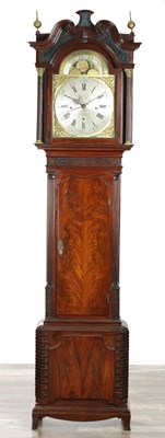 Lot 1315 - THOMAS RICHARDSON, WEVERHAM. A GEORGE III FLAMED MAHOGANY QUARTER CHIMING LONGCASE CLOCK WITH RARE YEAR CALENDAR