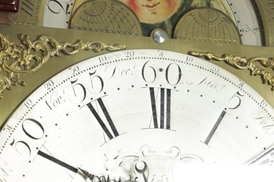 Lot 1315 - THOMAS RICHARDSON, WEVERHAM. A GEORGE III FLAMED MAHOGANY QUARTER CHIMING LONGCASE CLOCK WITH RARE YEAR CALENDAR