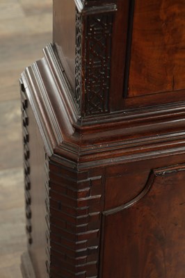 Lot 1315 - THOMAS RICHARDSON, WEVERHAM. A GEORGE III FLAMED MAHOGANY QUARTER CHIMING LONGCASE CLOCK WITH RARE YEAR CALENDAR