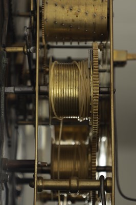 Lot 1315 - THOMAS RICHARDSON, WEVERHAM. A GEORGE III FLAMED MAHOGANY QUARTER CHIMING LONGCASE CLOCK WITH RARE YEAR CALENDAR