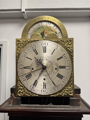 Lot 1315 - THOMAS RICHARDSON, WEVERHAM. A GEORGE III FLAMED MAHOGANY QUARTER CHIMING LONGCASE CLOCK WITH RARE YEAR CALENDAR