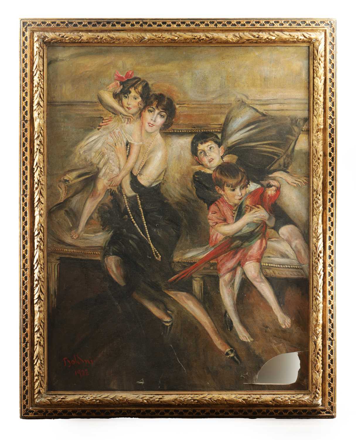 Lot 663 - ATT. GIOVANNI BOLDINI (1842-1931). A LARGE EARLY 20TH CENTURY OIL ON CANVAS FAMILY PORTRAIT OF MRS EDWARD'S AND HER FOUR CHILDREN