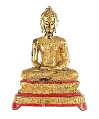 Lot 507 - A 19TH CENTURY GILT LACQUERED BRONZE FIGURE OF A SEATED BUDDHA SHAKYAMUNI RATTANAKOSIN KINGDOM