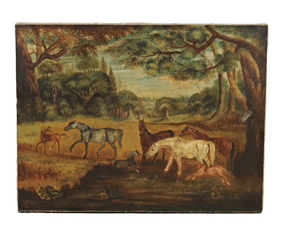 Lot 679 - A 19TH CENTURY NAIVE OIL ON CANVAS DEPICTING HORSES IN A WOODED LANDSCAPE