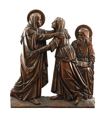 Lot 827 - A LARGE 16TH/17TH CENTURY CARVED WALNUT RELIGIOUS FIGURAL PLAQUE