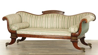 Lot 1575 - A FINE REGENCY COUNTRY HOUSE SIMULATED ROSEWOOD AND BRASS INLAID SETTEE