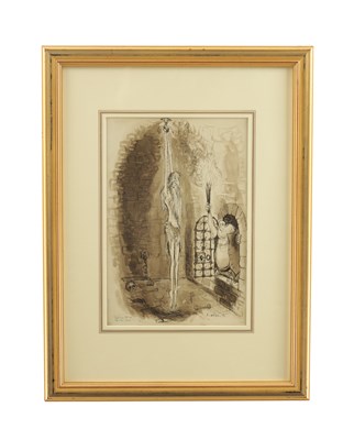 Lot 682 - RONALD SEARLE (BRITISH 1920 - 2011) A LATE 20TH CENTURY PEN AND INK MONOCHROME WATERCOLOUR