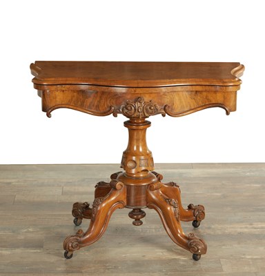 Lot 1775 - A VICTORIAN BURR WALNUT SERPENTINE SHAPED CARD TABLE
