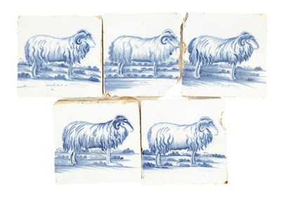 Lot 65 - A SET OF FIVE 18TH CENTURY HAND-PAINTED BLUE AND WHITE DELFT TILES